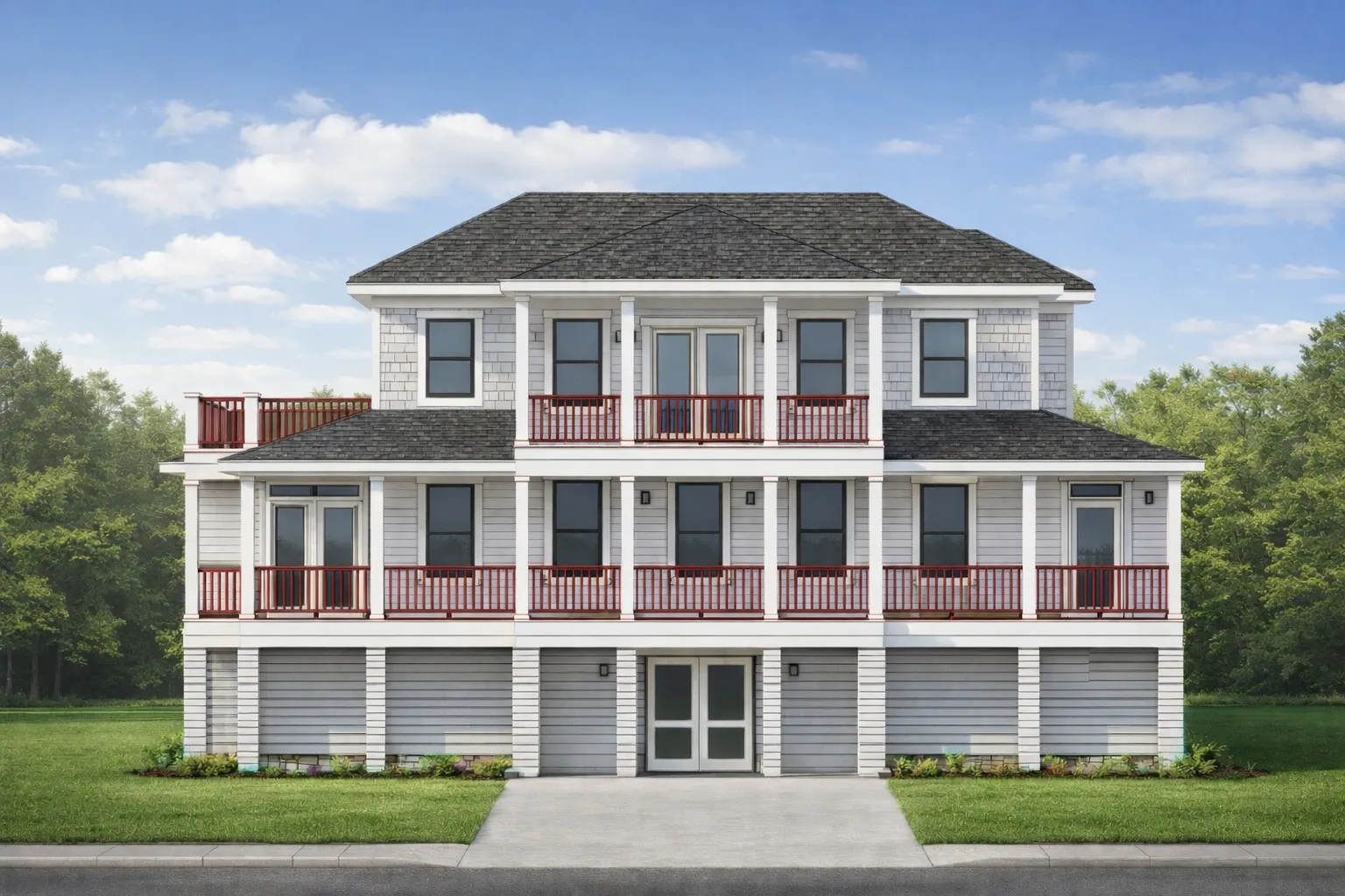 Front view of a three-story Coastal Beach style home with light horizontal siding, two full-length porches, and a covered entryway.