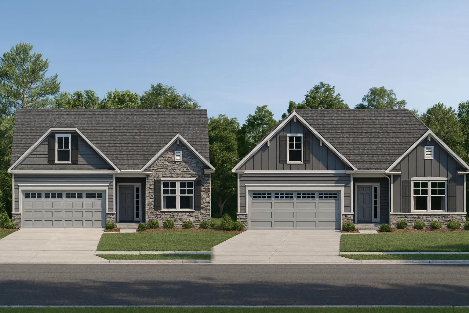 Front view of a Modern Farmhouse style home featuring brick, horizontal siding, board and batten, and a welcoming covered porch