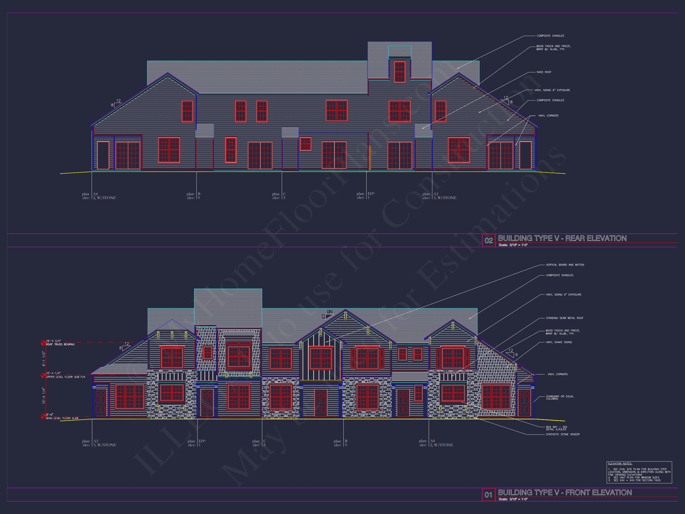 8-Unit Modern Craftsman Townhome Plan with Covered Porches & Bonus Rooms