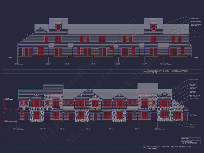8-Unit Modern Craftsman Townhome Plan with Covered Porches & Bonus Rooms
