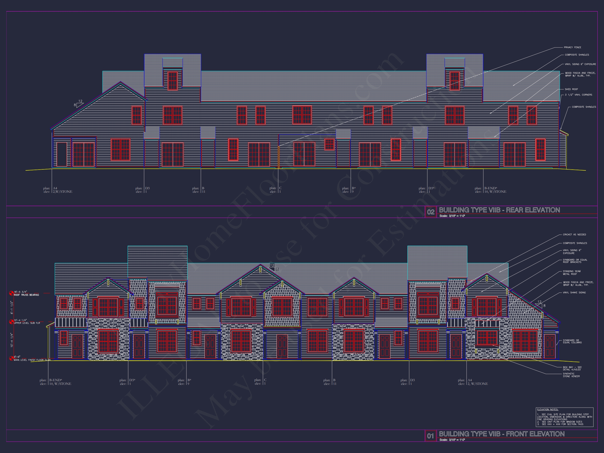 8-Unit Modern Craftsman Townhome Plan with Covered Porches & Bonus Rooms