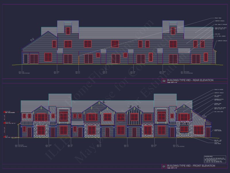 8-Unit Modern Craftsman Townhome Plan with Covered Porches & Bonus Rooms