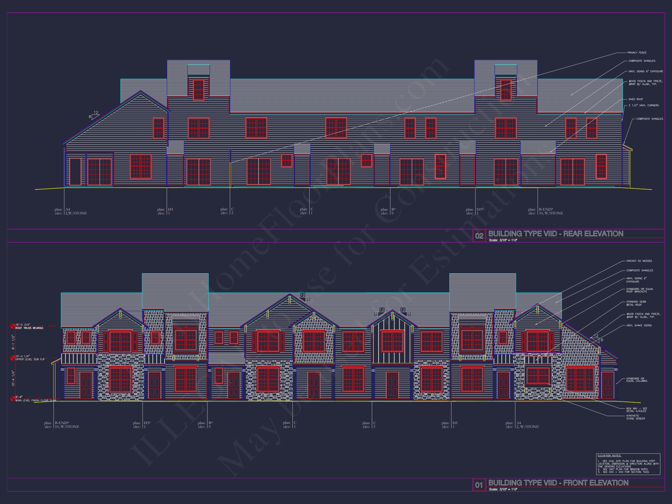 8-Unit Modern Craftsman Townhome Plan with Covered Porches & Bonus Rooms