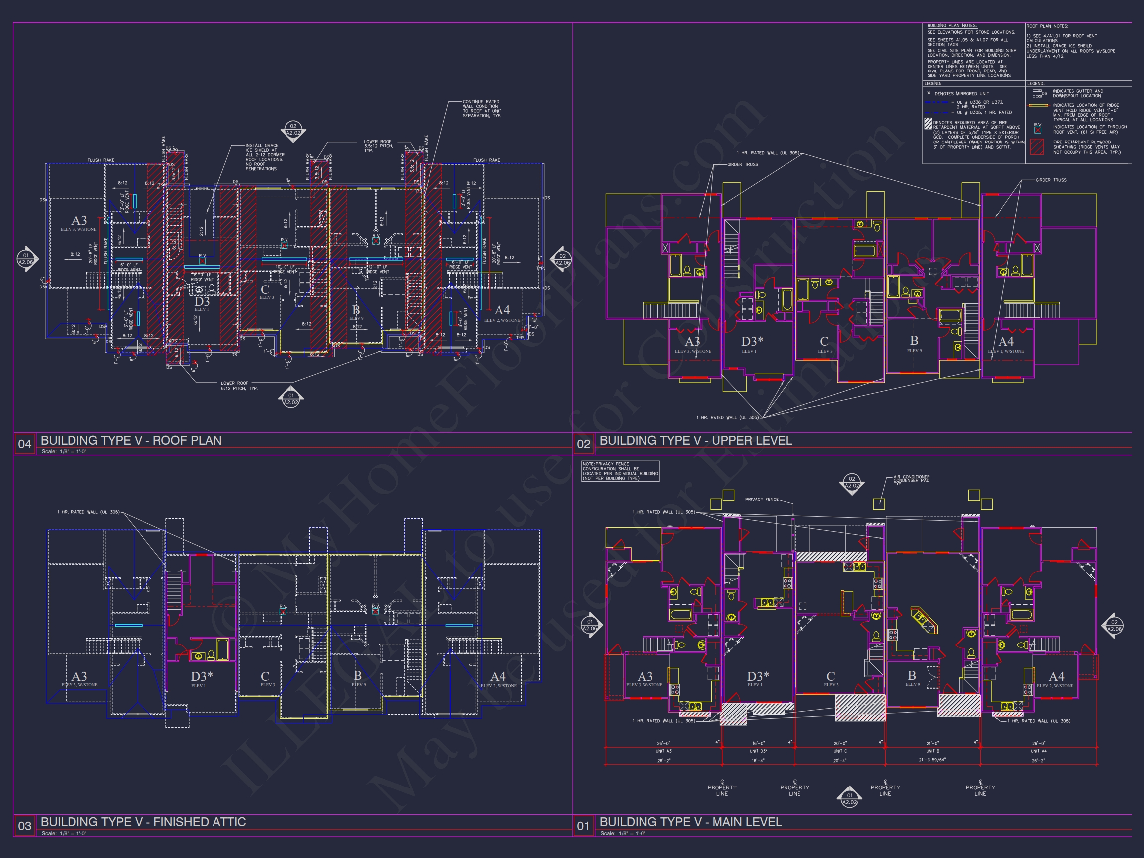 8-Unit Modern Craftsman Townhome Plan with Covered Porches & Bonus Rooms
