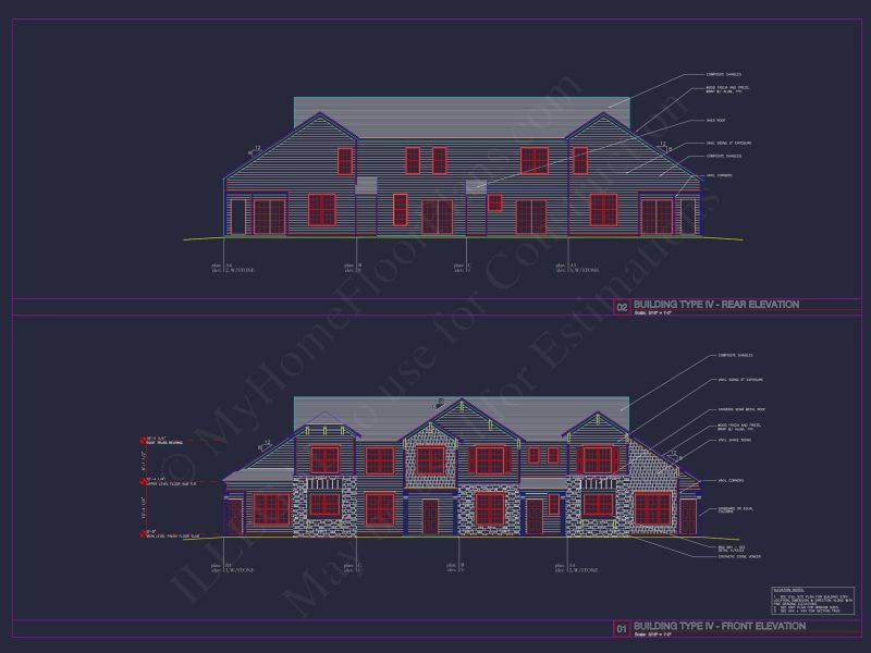 8-Unit Modern Craftsman Townhome Plan with Covered Porches & Bonus Rooms