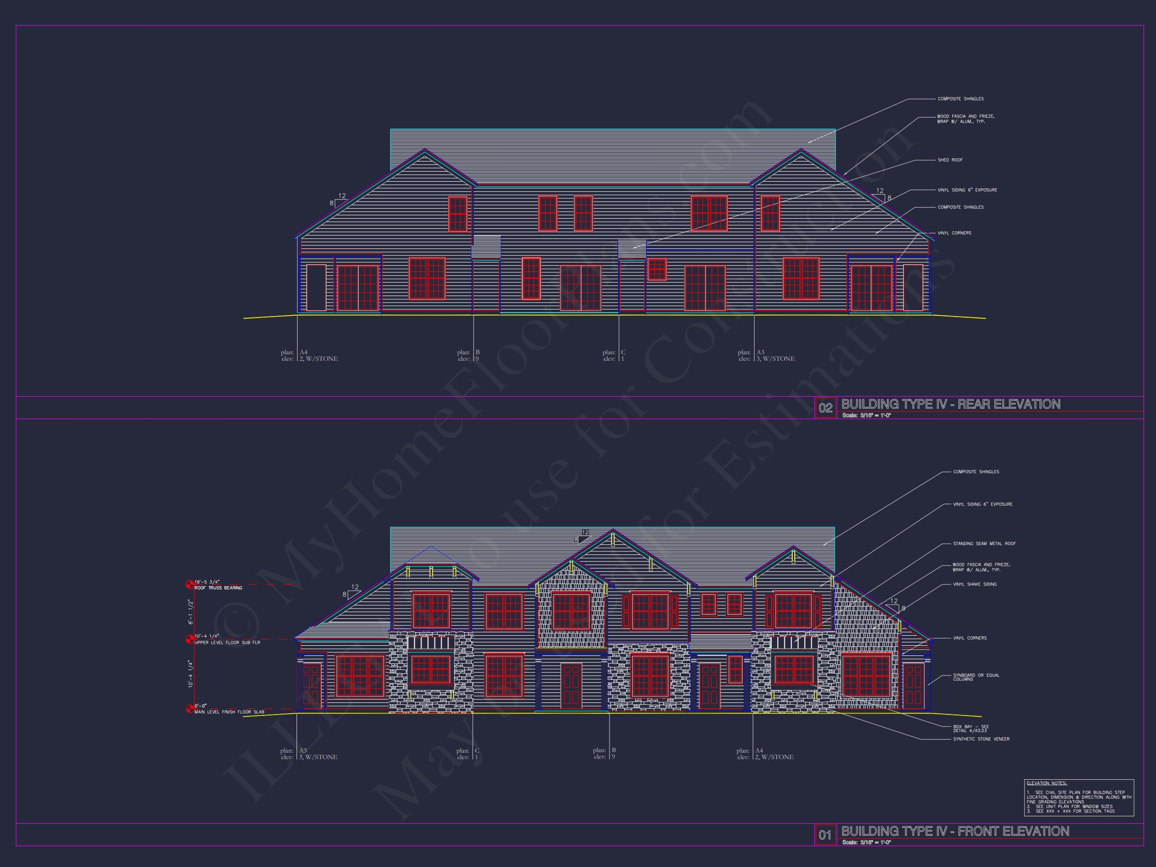 8-Unit Modern Craftsman Townhome Plan with Covered Porches & Bonus Rooms