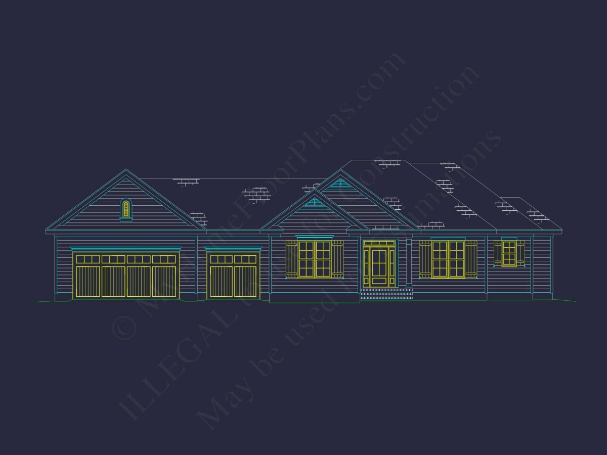 Single-Story Ranch House Plan with Open Layout and 3-Car Garage