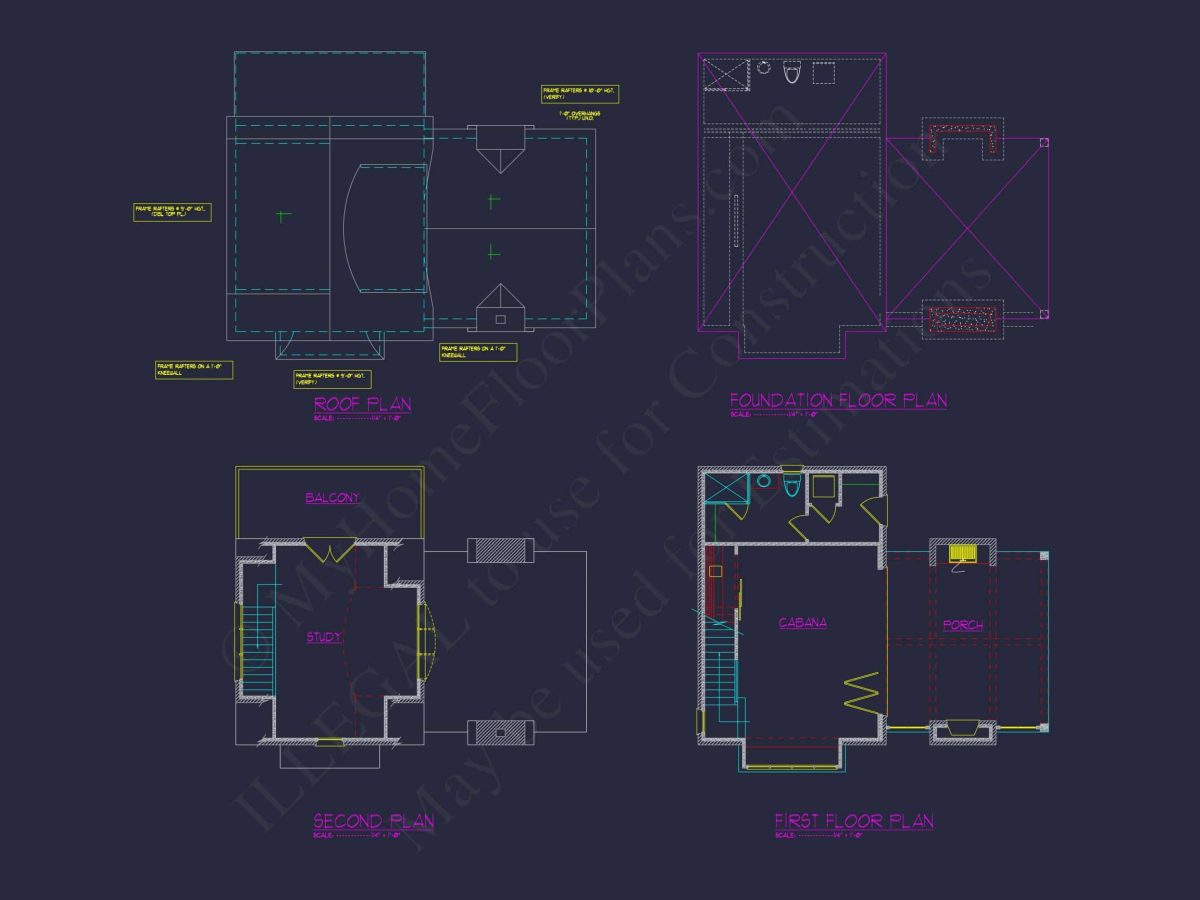 Modern Cabana Home Plan with Balcony, Study & CAD Blueprints