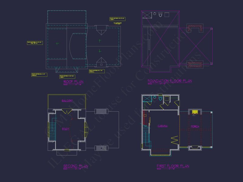 Modern Cabana Home Plan with Balcony, Study & CAD Blueprints