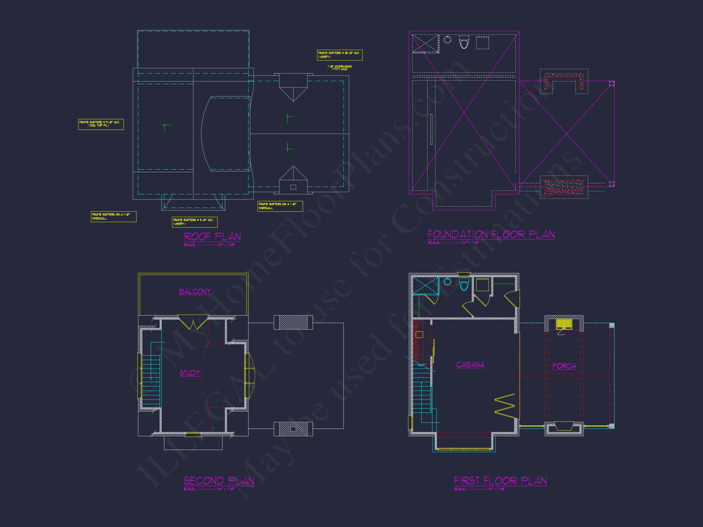 Modern Cabana Home Plan with Balcony, Study & CAD Blueprints