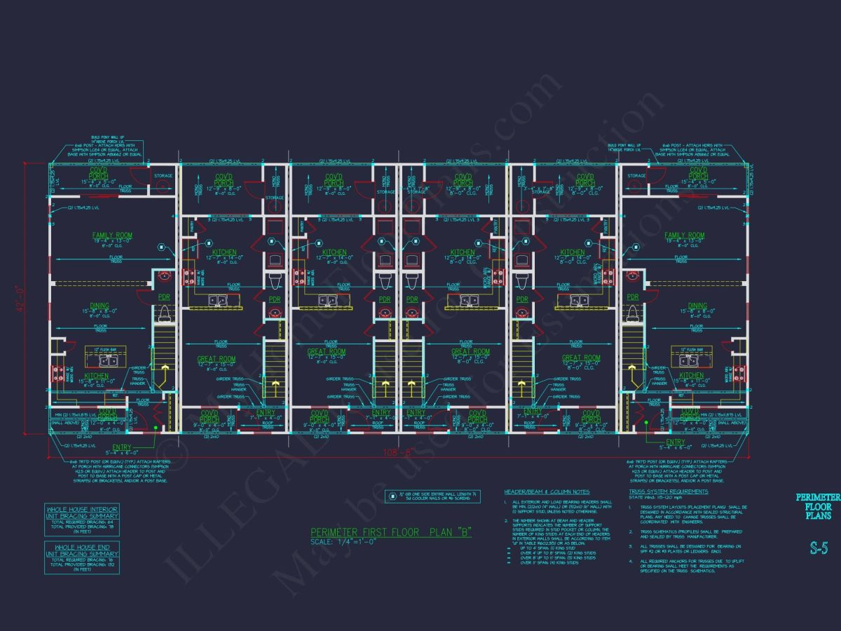 Modern Townhome Floor Plan with 6 Units and CAD Blueprints