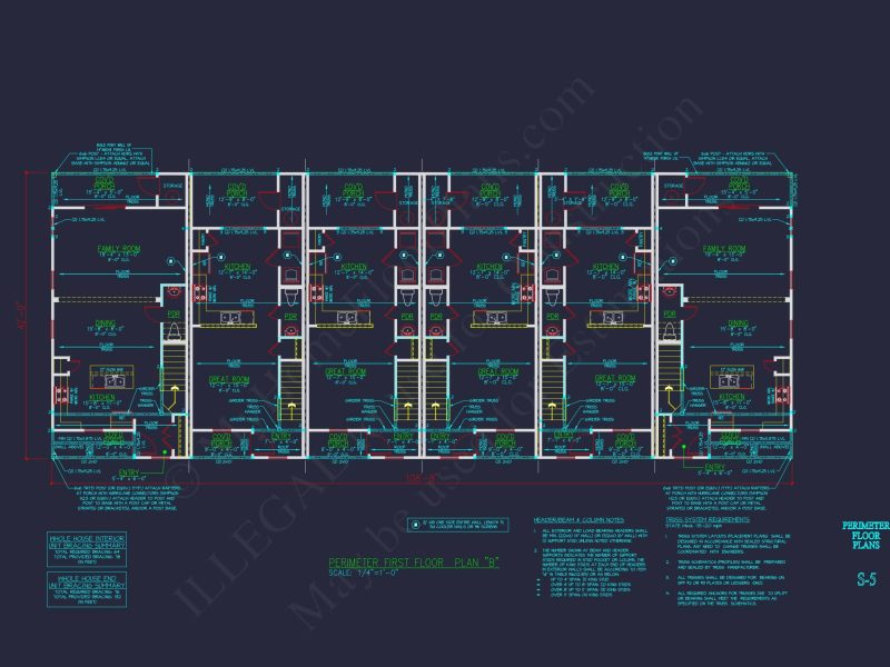 Modern Townhome Floor Plan with 6 Units and CAD Blueprints