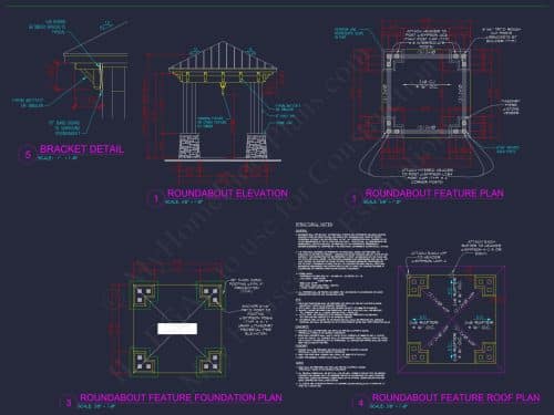 Pavilion CAD Blueprint Plan with Architectural Elevation and Structural Designs