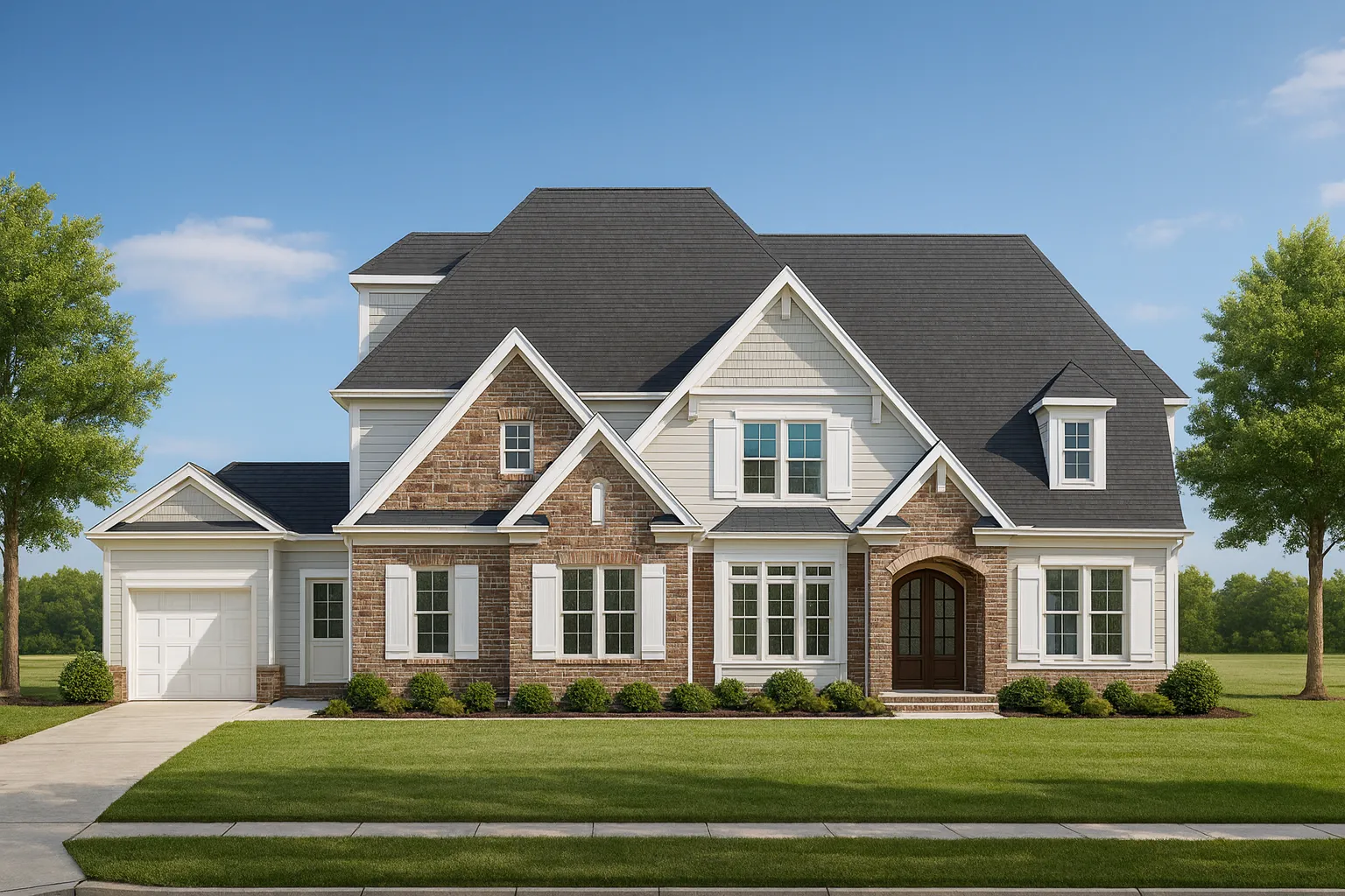 Front elevation of a New American Modern Traditional house with brick and siding exterior, symmetrical windows, and elegant arched entry