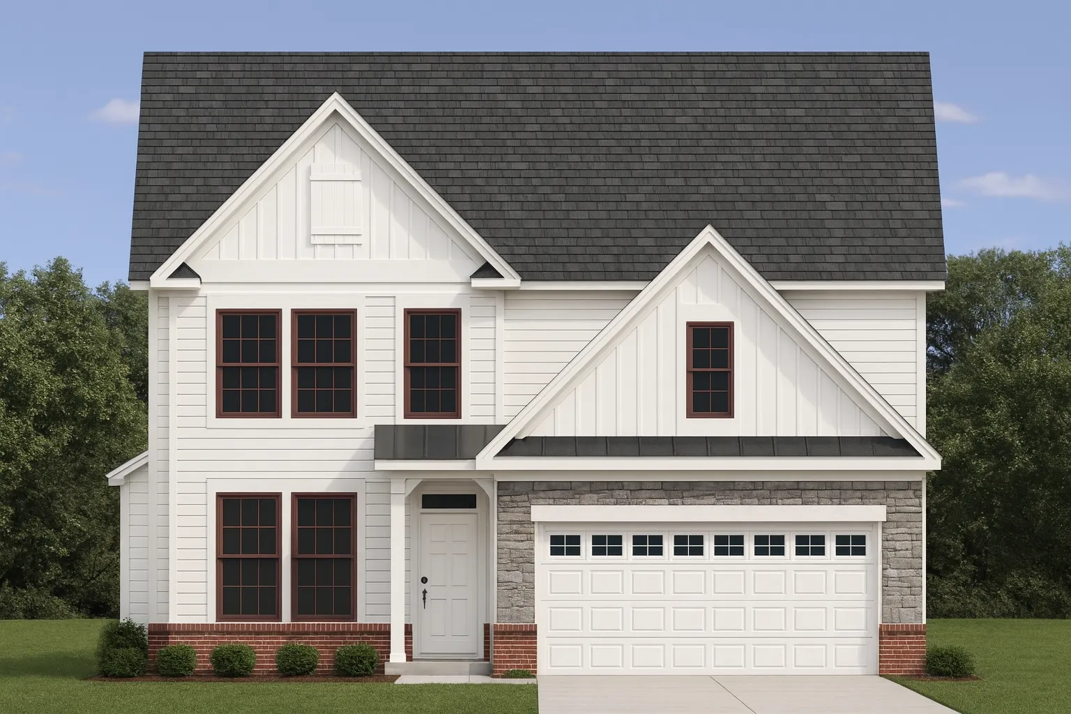 Front elevation of a Traditional Colonial home featuring gray horizontal siding, shingle gable accents, brick base, and symmetrical two-story façade with modern detailing.