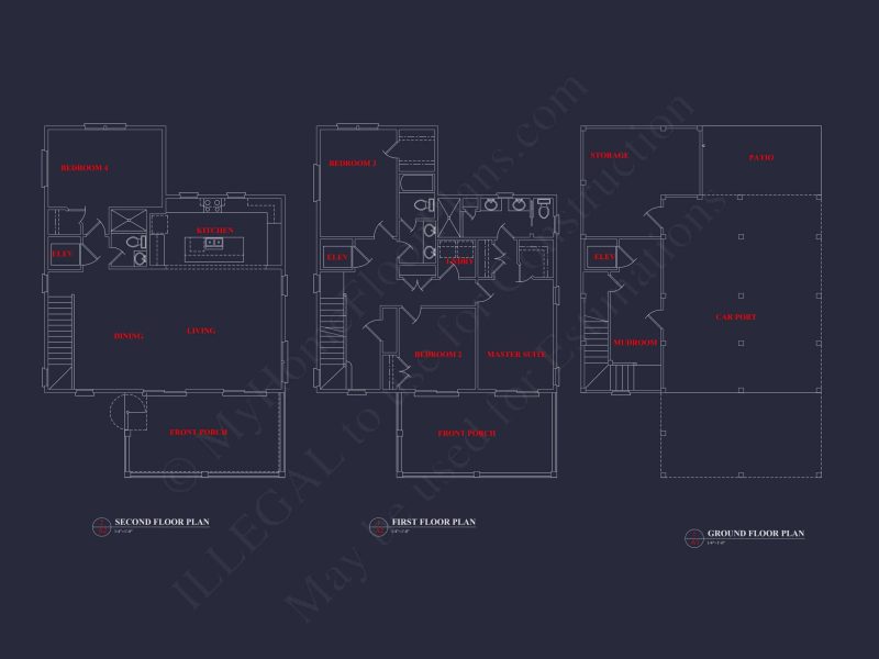 Beach Home Floor Plan with 4 Bedrooms & Modern CAD Designs