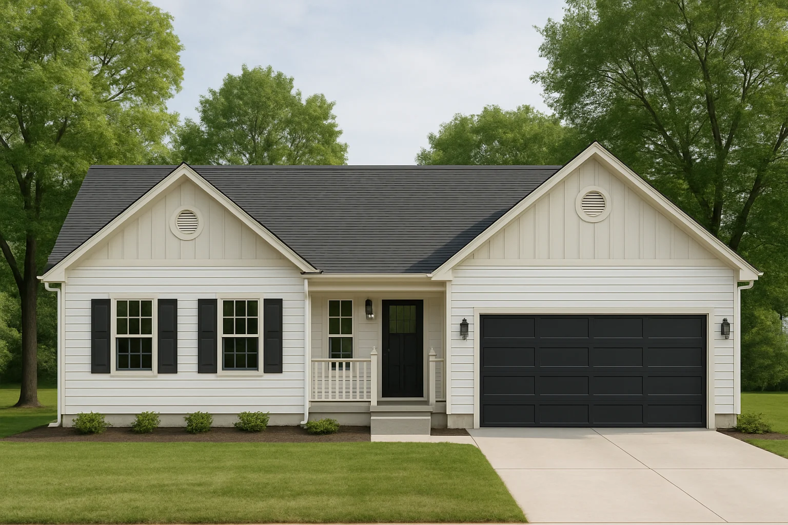Front elevation of a Modern Farmhouse ranch-style home featuring board and batten siding, horizontal lap siding, black windows, and an attached two-car garage