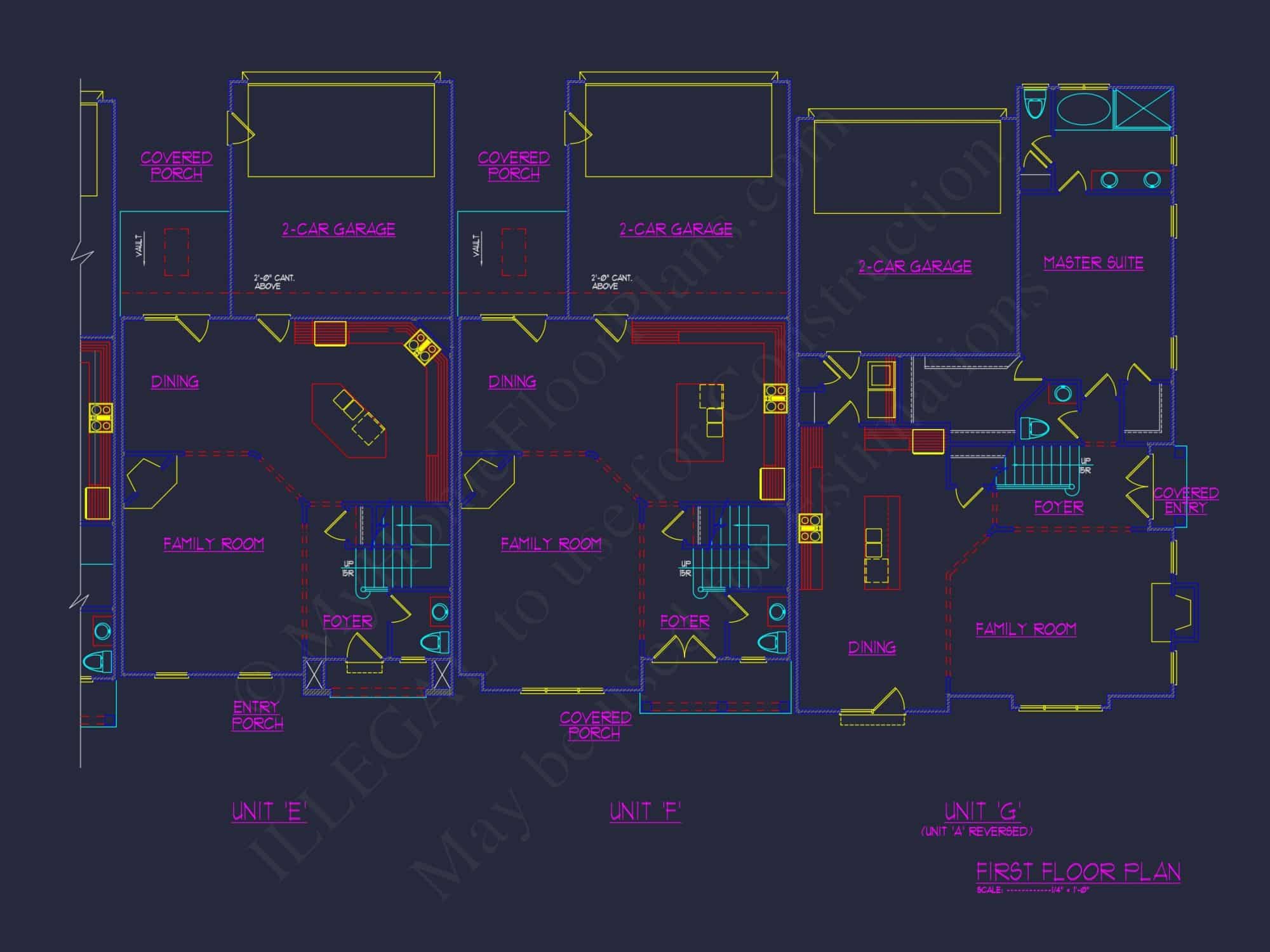 7-Unit Townhome Floor Plan with Vaulted Ceilings and CAD Designs