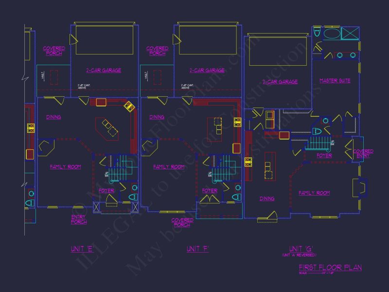 7-Unit Townhome Floor Plan with Vaulted Ceilings and CAD Designs