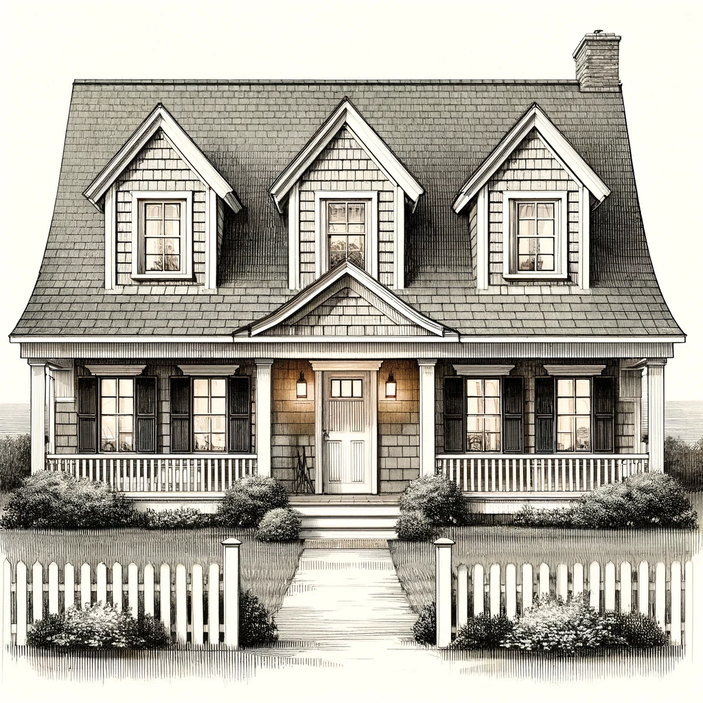 A traditional Cape Cod-style home plan featuring a symmetrical design with a steep gabled roof, dormer windows, and a central chimney. The house has a