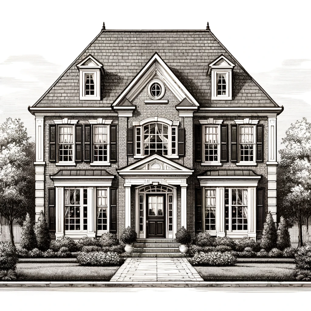 A traditional Colonial-style home plan featuring a symmetrical facade, brick exterior, and a gabled roof. The house has two stories with evenly spaced