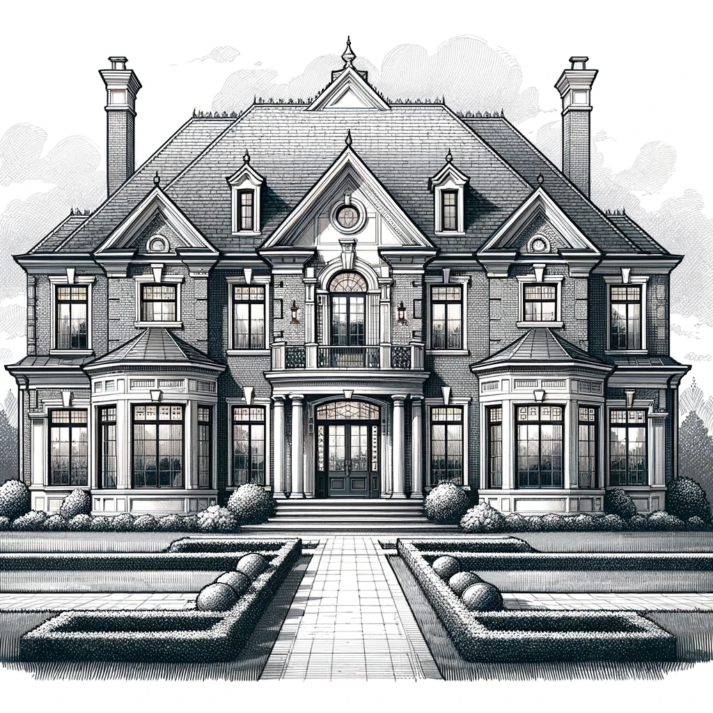 A traditional Georgian-style home plan featuring a symmetrical design with a brick exterior, hip roof, and multiple chimneys. The house has two stories