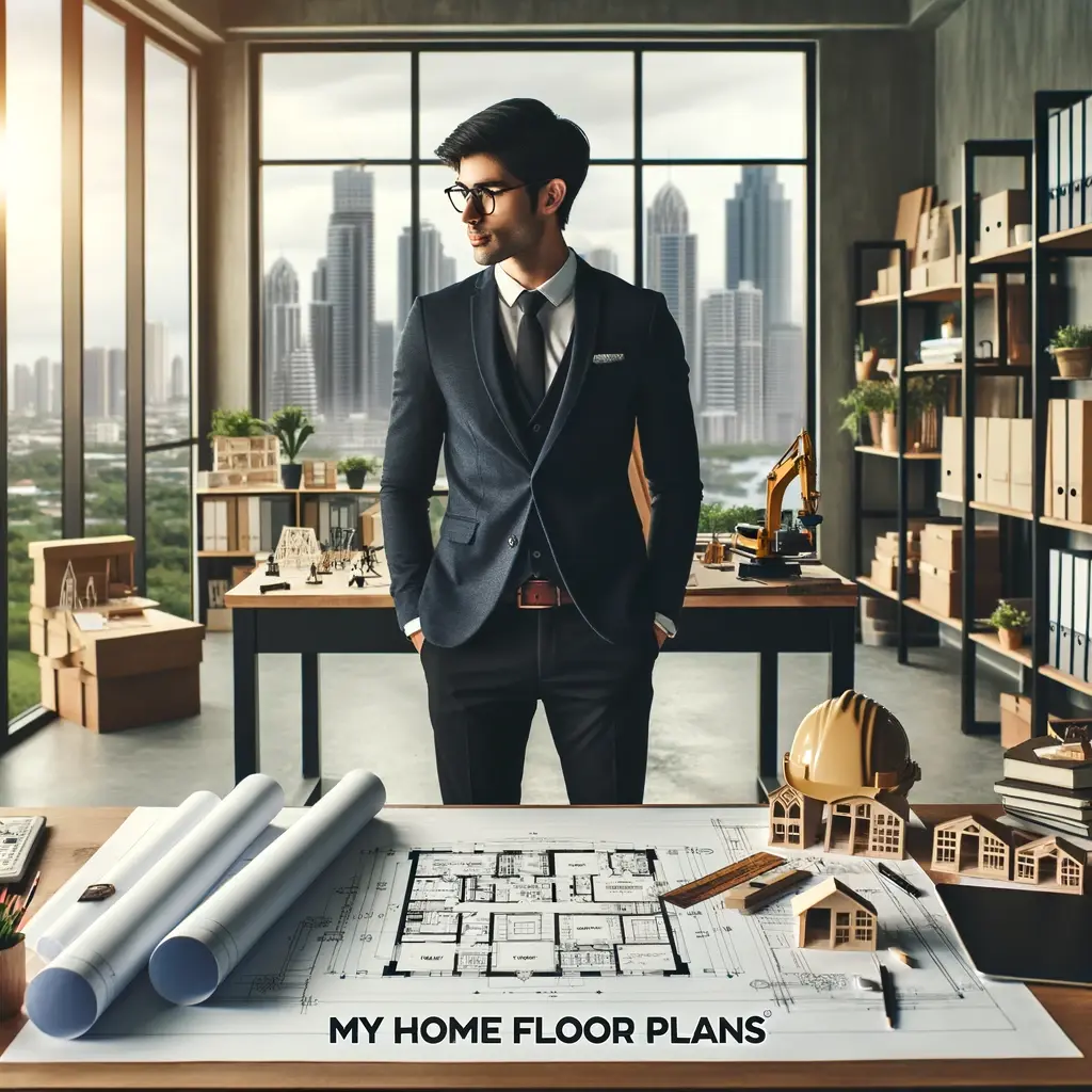 An architect standing at a drafting table with blueprints