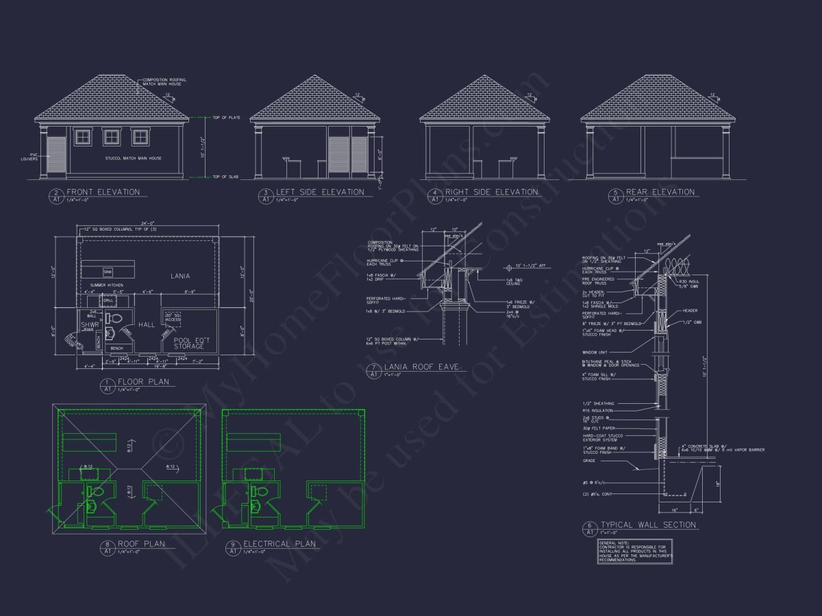 Modern Poolhouse Design with Lanai and Floor Plan Blueprint