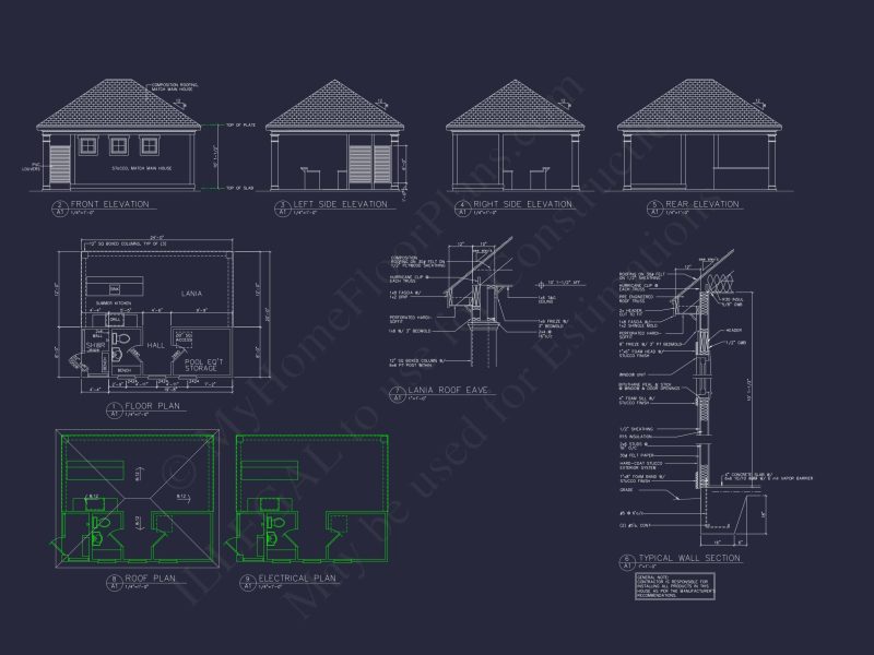 Modern Poolhouse Design with Lanai and Floor Plan Blueprint