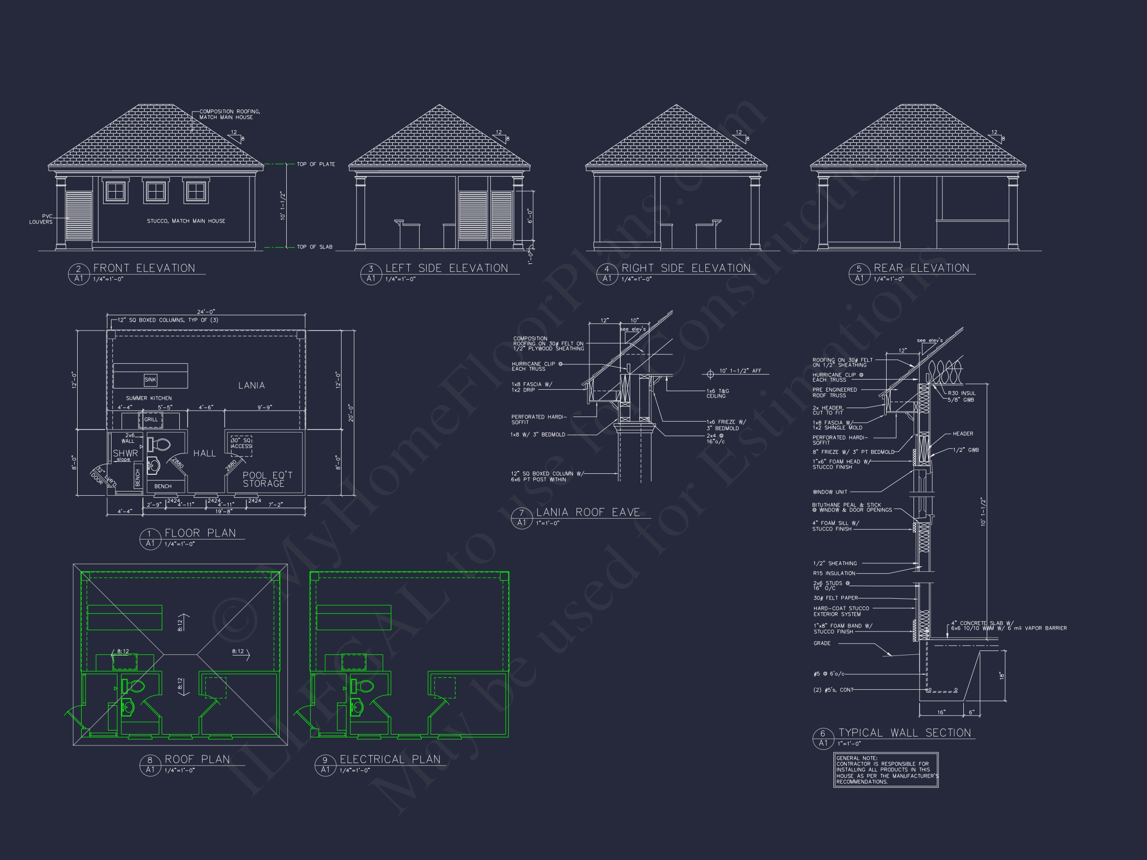 Modern Poolhouse Design with Lanai and Floor Plan Blueprint