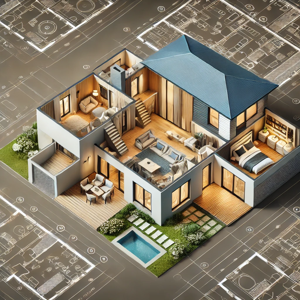 DALL·E 2025 01 31 15.42.37 A modern house floor plan illustration featuring a split bedroom layout. The design showcases an open concept living area in the center with the prim