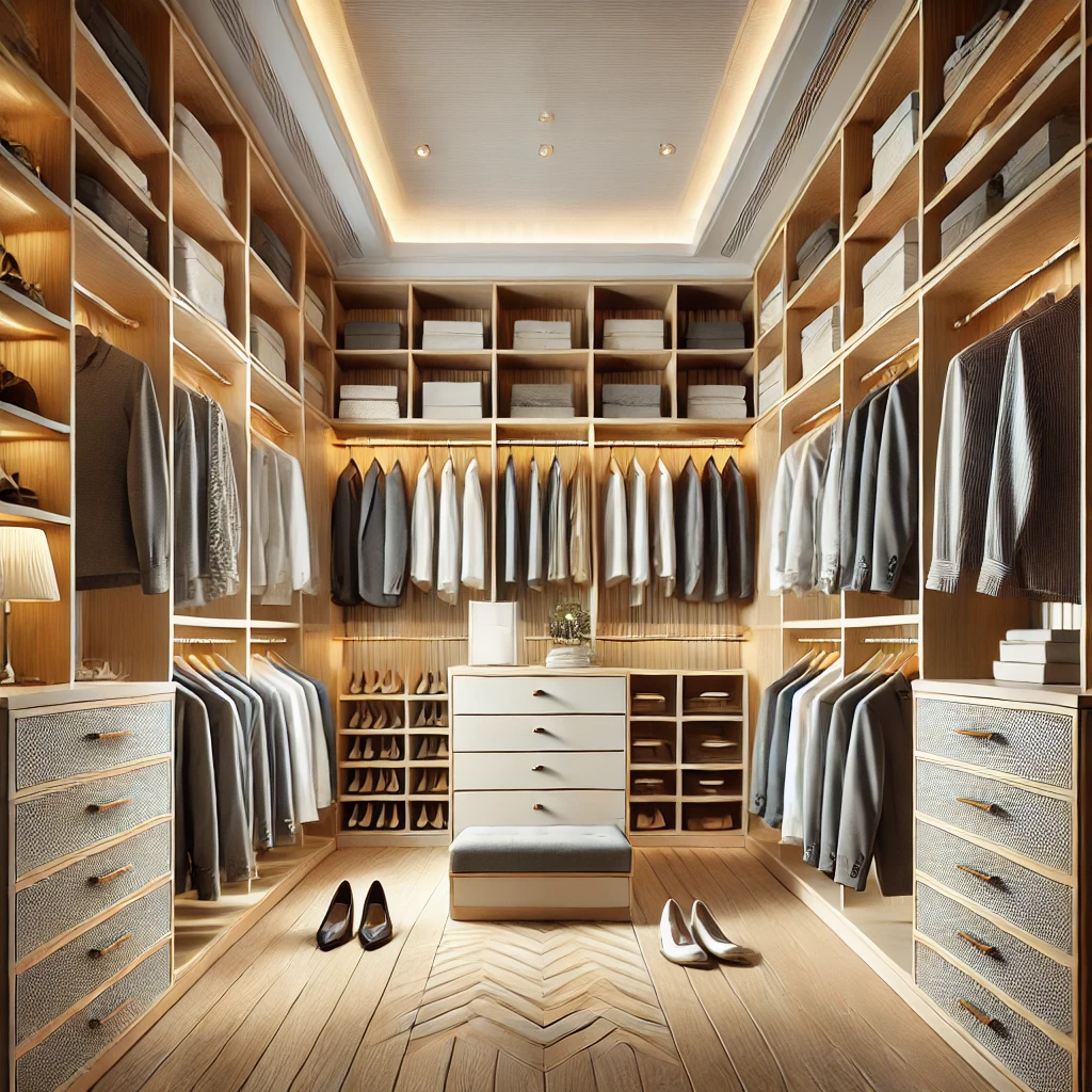 DALL·E 2025 01 31 15.49.43 A luxurious walk in closet with custom shelves drawers and hanging spaces. The closet should have elegant wooden or modern finishes soft lighting