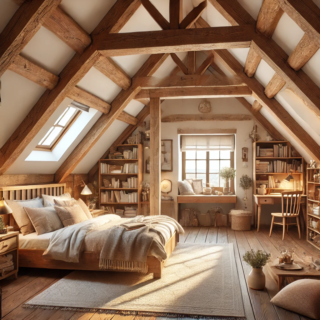 DALL·E 2025 01 31 18.06.10 A cozy attic bedroom with wooden beams warm lighting and a rustic farmhouse style interior. The space features a sloped ceiling a large window lett