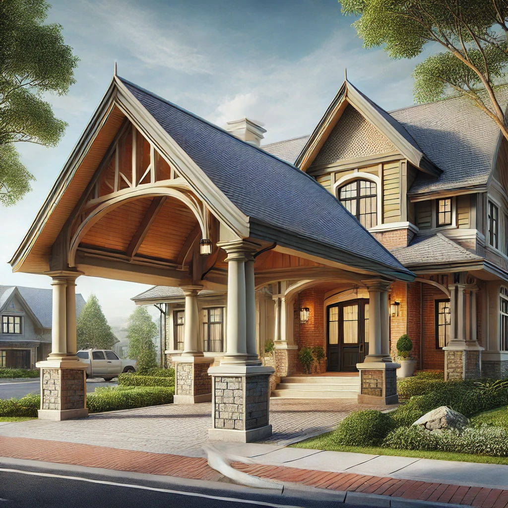 DALL·E 2025 01 31 20.03.06 A realistic exterior view of a traditional style home with a porte cochere. The house features a welcoming covered driveway with stone or brick pillar