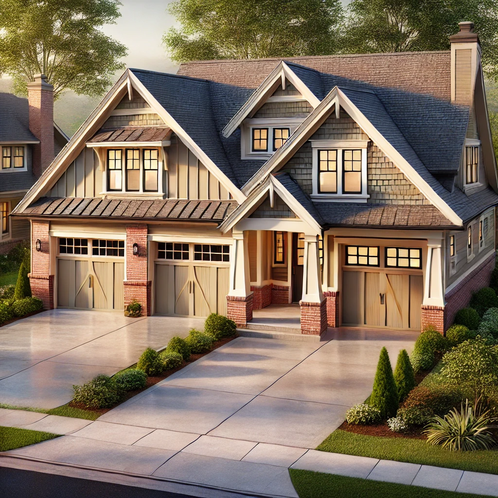 DALL·E 2025 02 01 05.03.40 A realistic exterior rendering of a traditional style home with a split garage. The house features a warm inviting design with a gabled roof a welco