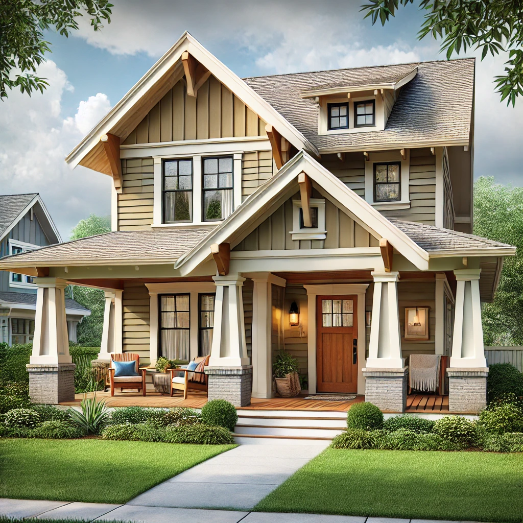 DALL·E 2025 02 01 05.36.38 A realistic illustration of a traditional home with a charming covered front porch. The house has a welcoming design featuring wooden columns a gabl