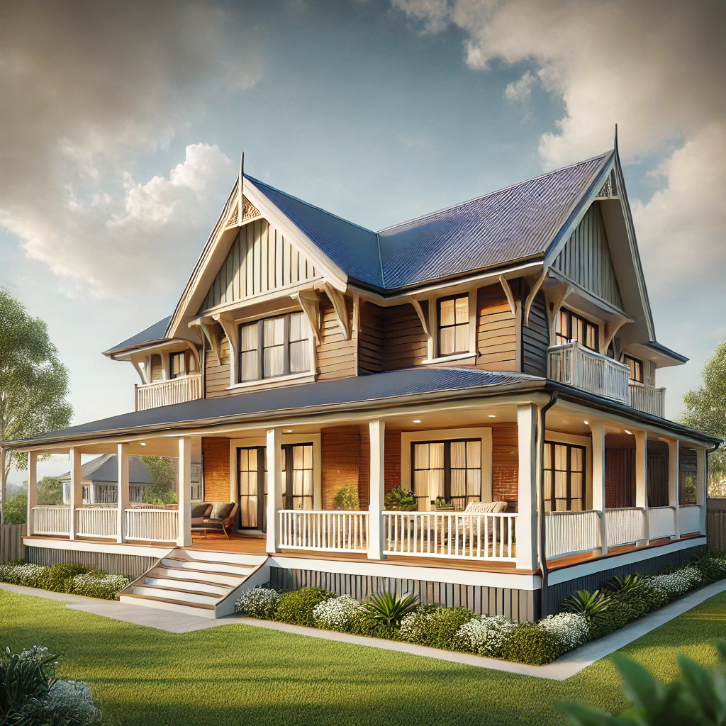 DALL·E 2025 02 01 06.05.18 A realistic exterior view of a traditional home with a spacious veranda. The house is designed in a warm inviting architectural style featuring a cl