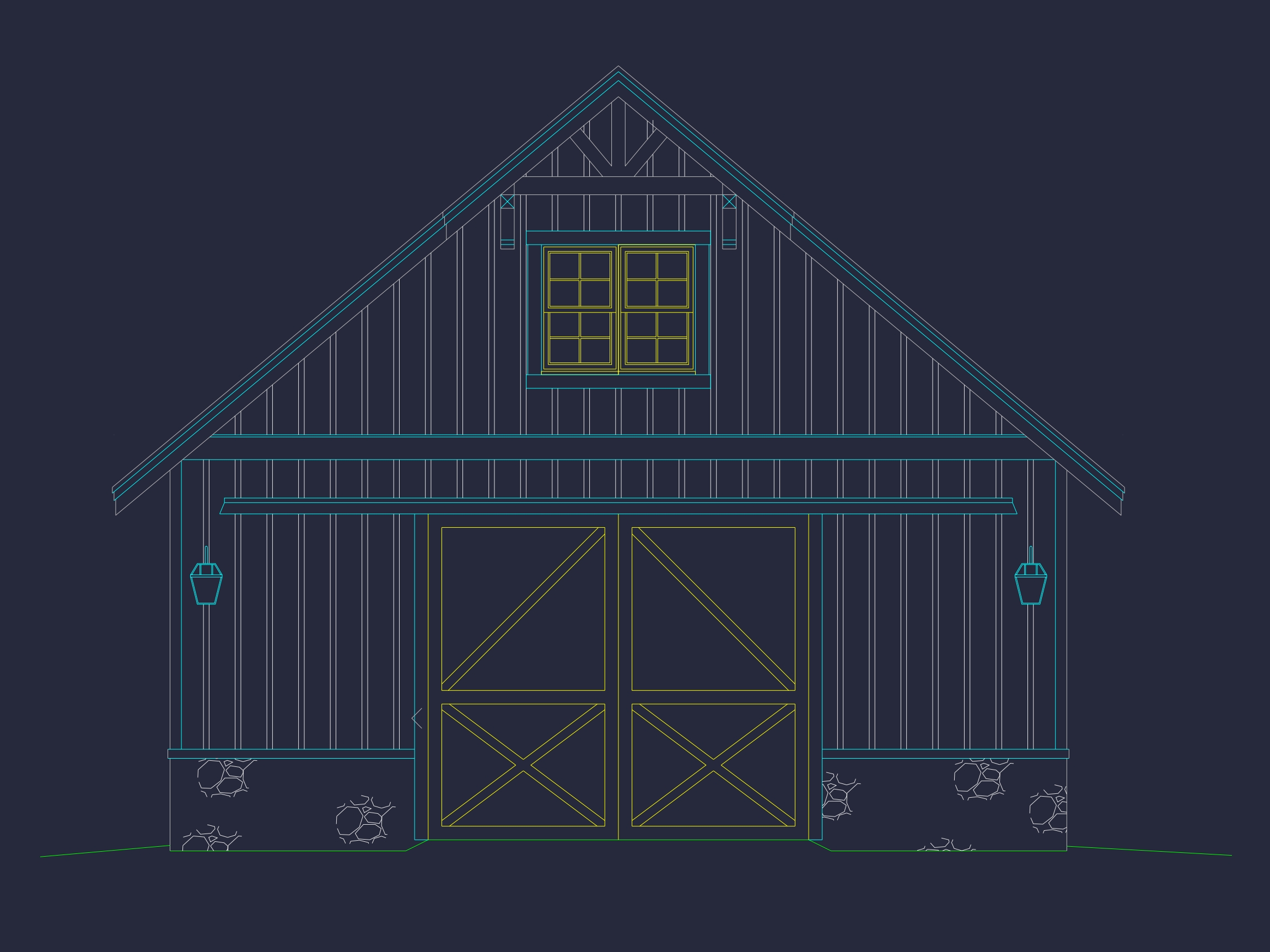 Architectural blueprint of a traditional gambrel-style barn featuring large sliding doors, vertical board siding, stone foundation accents, and an upper-level loft with windows.