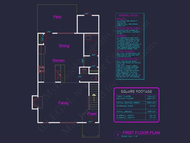 2-Story 3-Bedroom house Plan with Patio - 1384 Sq Ft