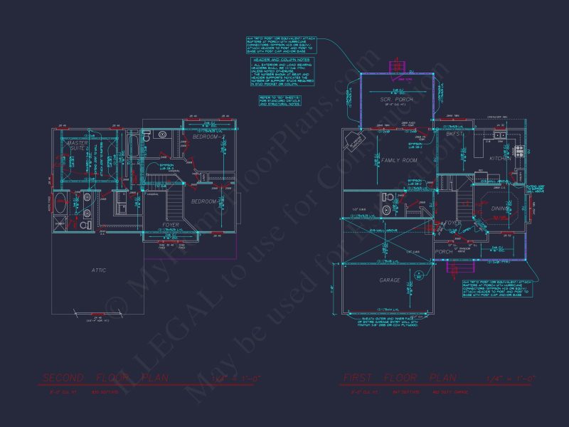 2-Story house Plan with 3 Bedrooms, CAD Designs & Blueprint