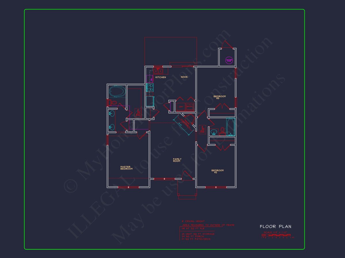 3 Bedroom house Floor Plan with Walk-In Closet and Patio