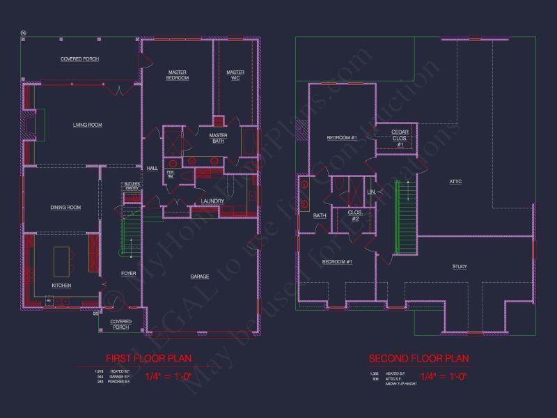4-Bed, 3-Bath 2-Story house Plan: CAD Blueprint & Floor Plan