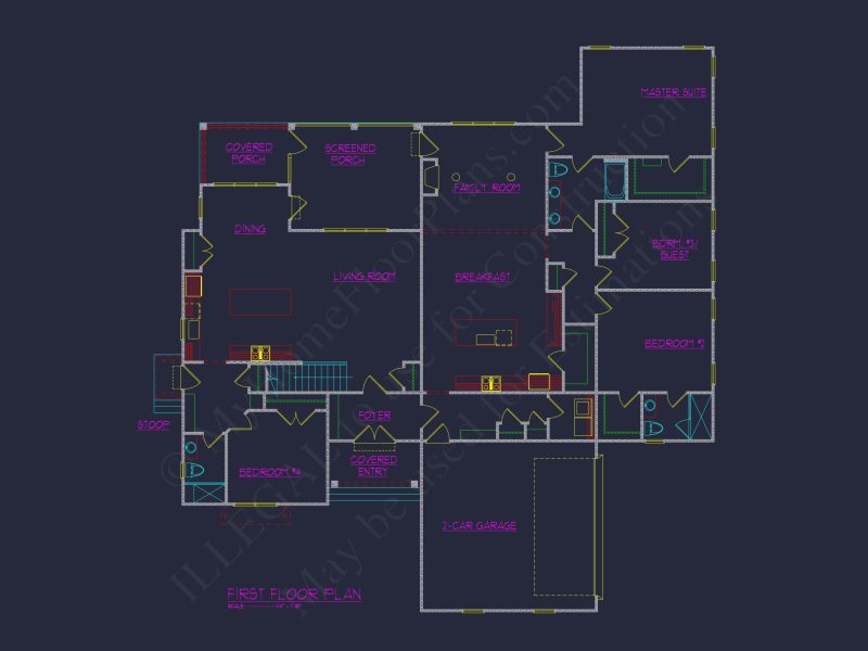 Architectural house Plan with 5 Bedrooms and 2 Floors