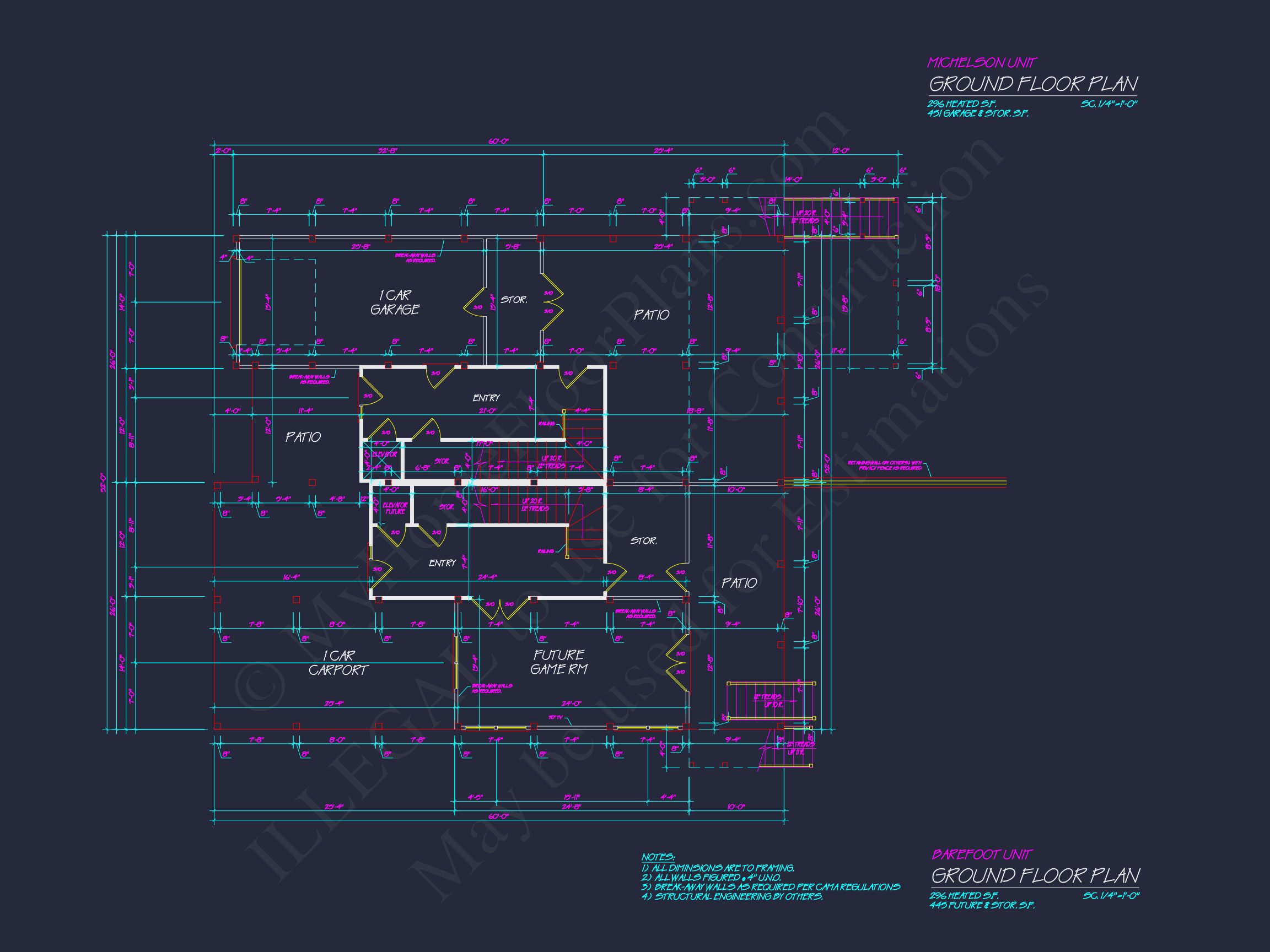 Beach Duplex Floor Plan with 4 Beds,Garage & CAD Designs