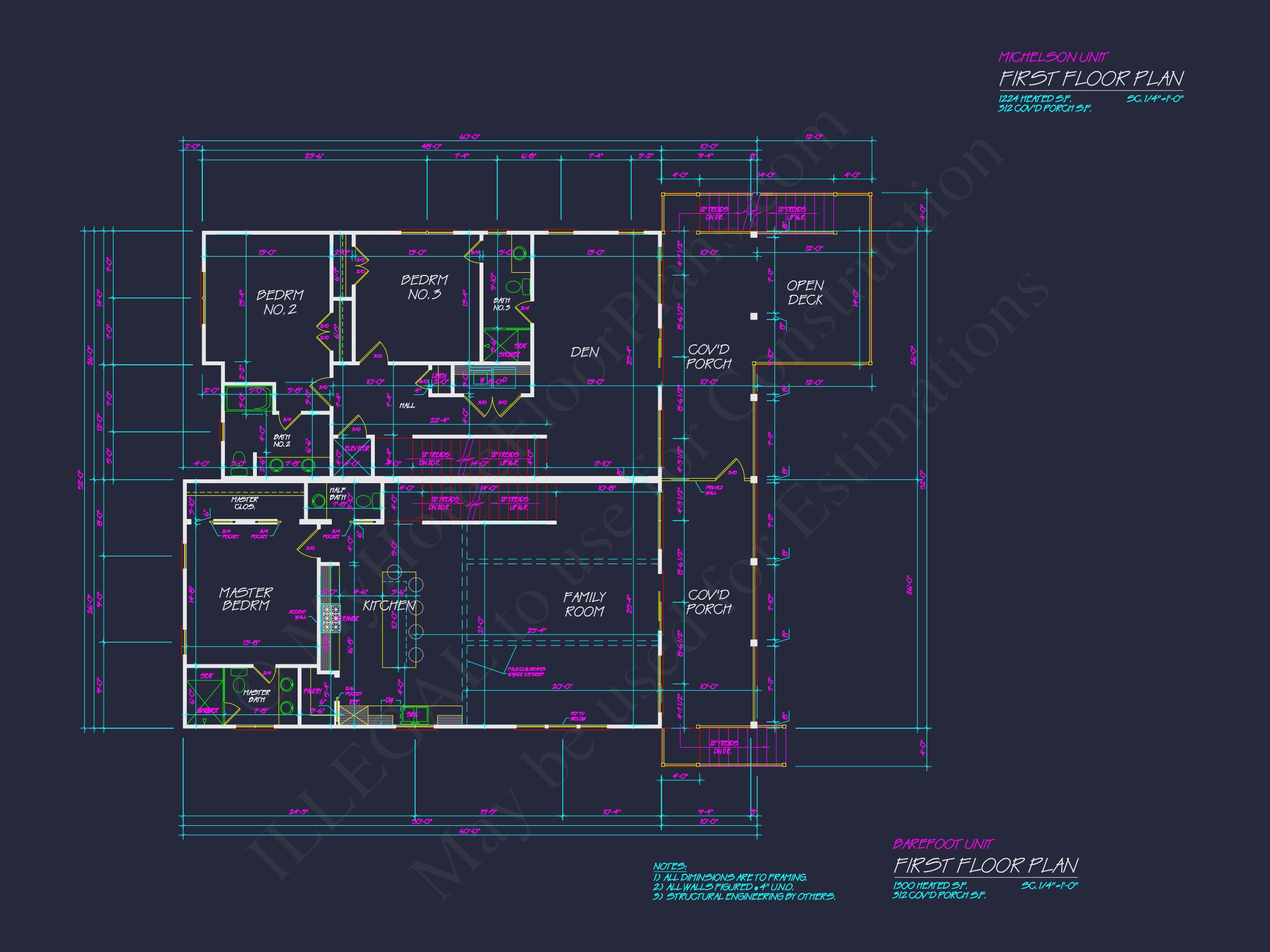 Beach Duplex Floor Plan with 4 Beds,Garage & CAD Designs