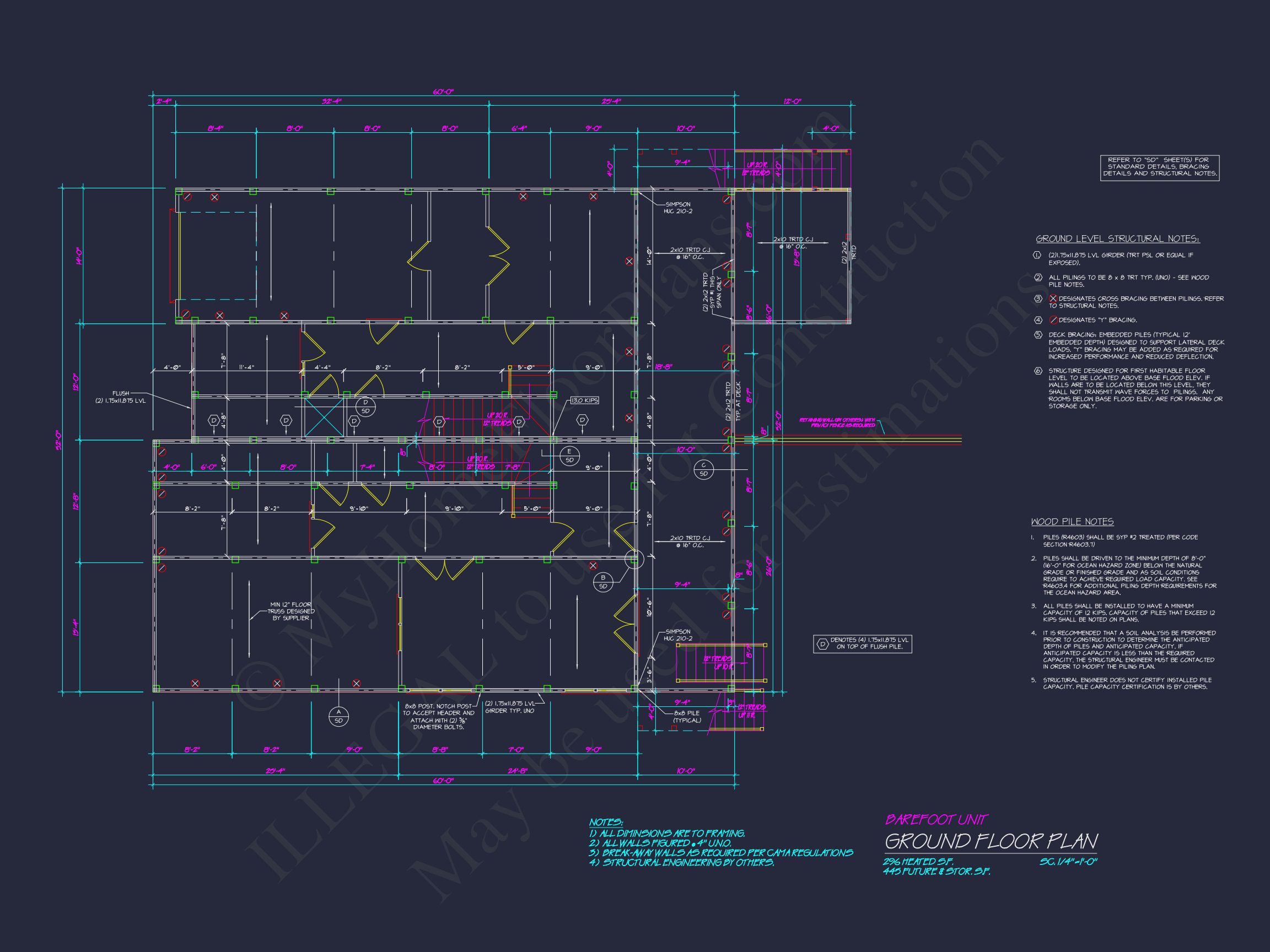 Beach Duplex Floor Plan with 4 Beds,Garage & CAD Designs