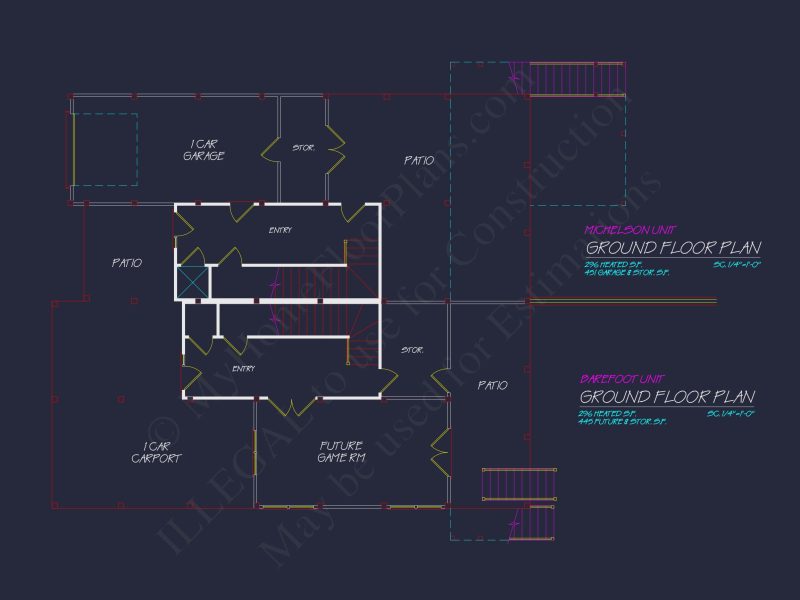 Beach Duplex Floor Plan with 4 Beds, Garage & CAD Designs