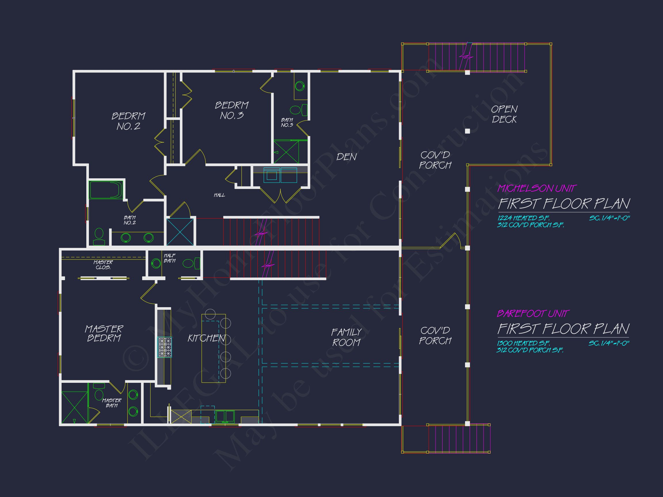 Beach Duplex Floor Plan with 4 Beds,Garage & CAD Designs