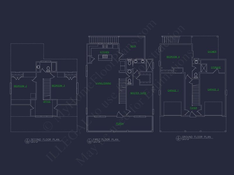 Beach house Floor Plan: 2-Story CAD Designs with 4 Bedrooms