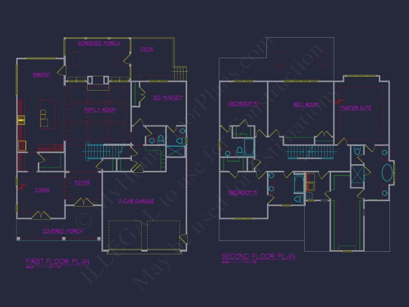 Beautiful 2-Story house Floor Plan with 5 Bedrooms and CAD Designs
